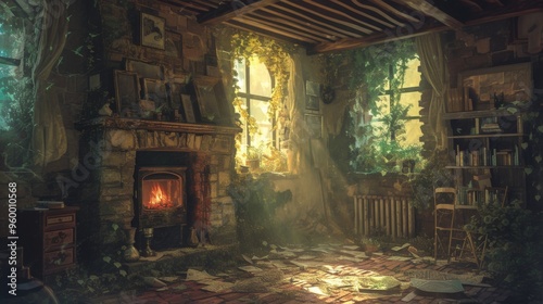 A mystical, abandoned room filled with overgrown plants and a warm, glowing fireplace. Sunlight streams through broken windows, illuminating scattered papers and old furniture, creating an enchanting