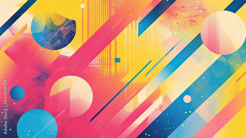 Fototapeta premium Bright pink yellow and blue hues blend in retro gradient creating a bold backdrop