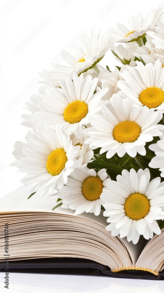 Obraz premium An open book lies flat with two delicate daisies placed gently on its pages, presenting a serene and inviting atmosphere ideal for nature lovers and readers