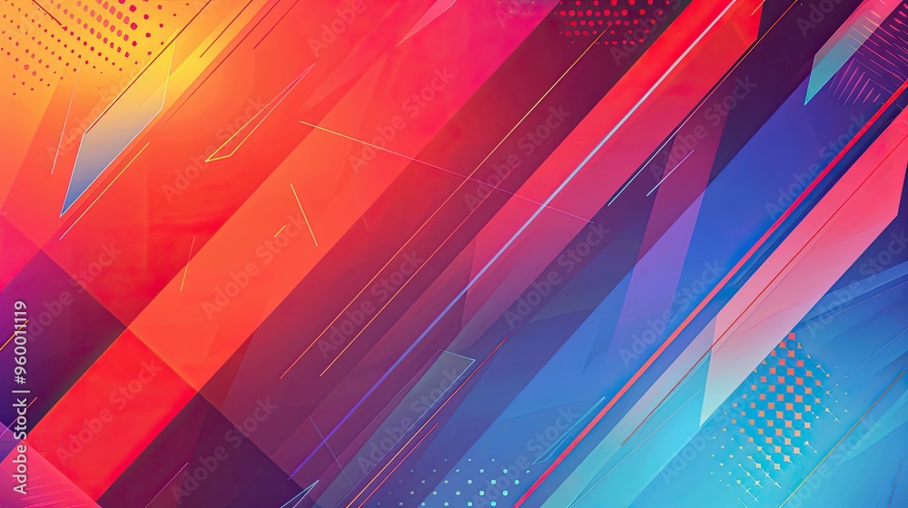 Fototapeta premium Dynamic angular shapes in neon colors like red and green create retro gradient backdrop