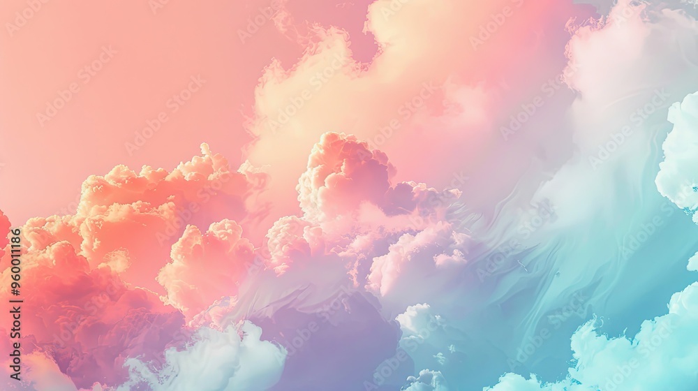 Fototapeta premium Coral and pale blue blend into delicate clouds and glowing mist in retro backdrop