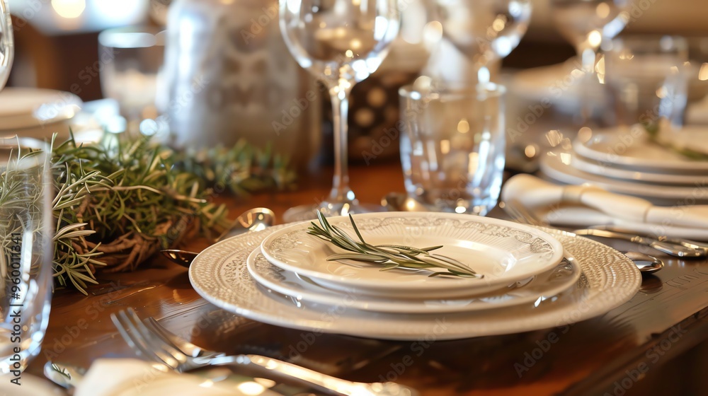 A close-up of a table setting with white plates, silverware, and a sprig of rosemary as a centerpiece. A close-up of a table setting with white plates, silverware, and a sprig of rosemary as a centerpiece.