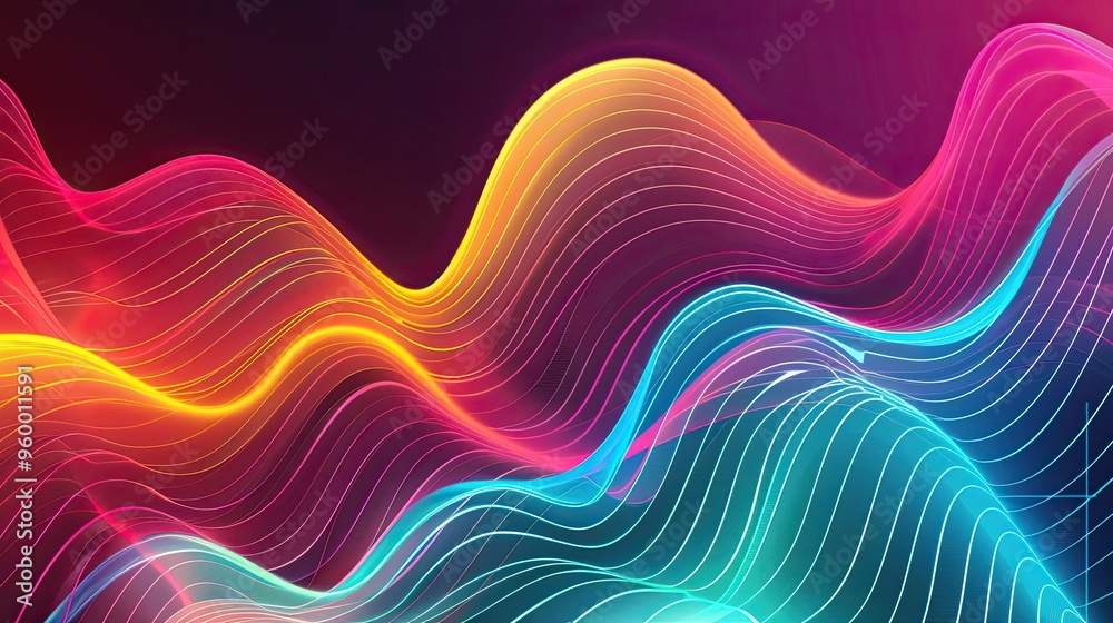 Obraz premium Bold retro wallpaper with crimson turquoise and neon yellow waveforms on a glossy backdrop