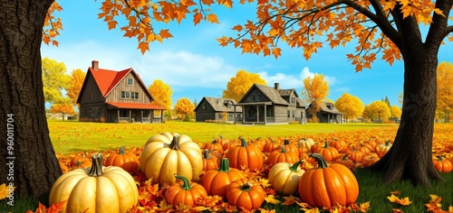 Outdoor autumn harvest photography with pumpkins and fallen leaves. Ai Intelligence Generation.