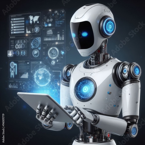 Ai robot using tablet isolate on transparency background PNG 