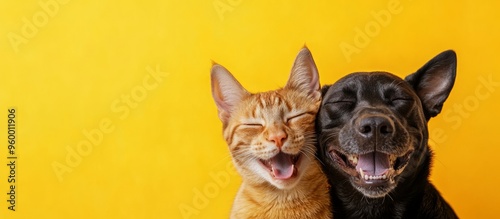Wallpaper Mural Vet banner with pets and copy space for text. Dog and cat smiling with happy expression and closed eyes. Isolated on yellow background Torontodigital.ca