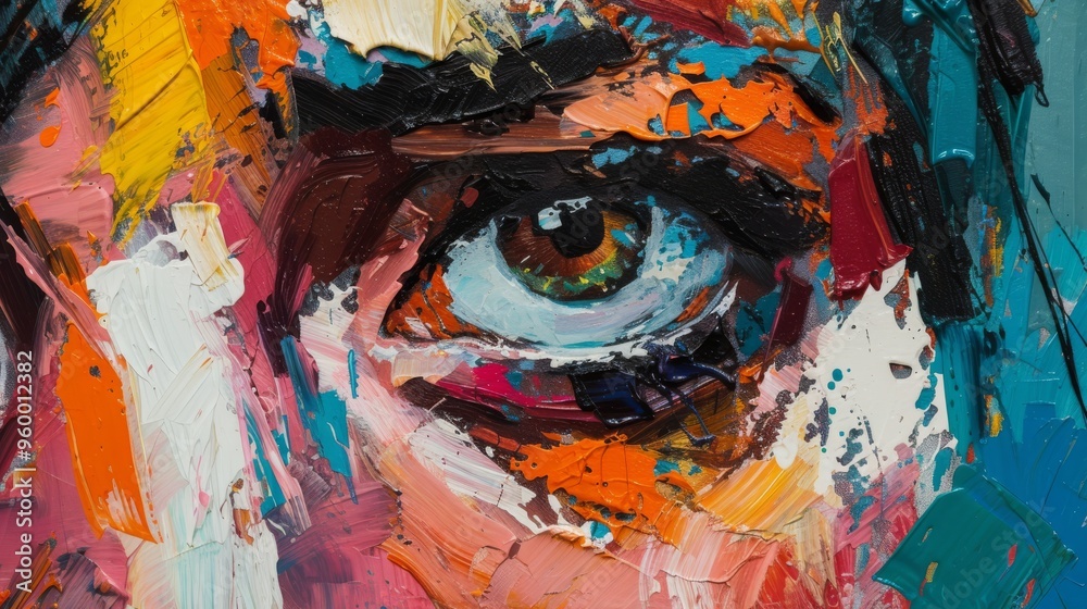 Fototapeta premium A vibrant abstract close-up of a painted eye surrounded by bold, textured brushstrokes. The explosion of colors and thick paint application create a dynamic and energetic artwork.