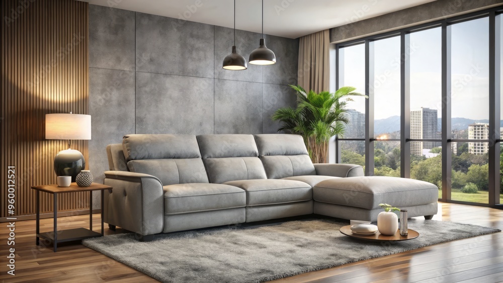 A sleek, gray, suede-textured sofa with two reclining ends adds a touch of sophistication to the modern living A sleek, gray, suede-textured sofa with two reclining ends adds a touch of sophistication to the modern living
