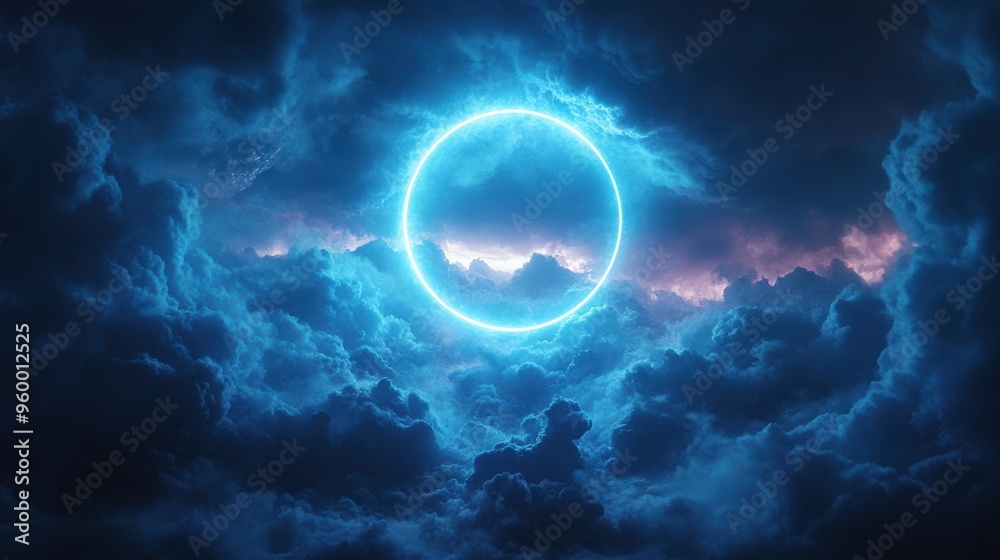 Neon Ring in Stormy Clouds Futuristic Night Sky Neon Ring in Stormy Clouds Futuristic Night Sky