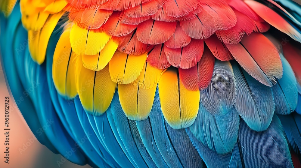 Obraz premium Close-up of vibrant and colorful parrot feathers showcasing the beautiful gradient of red, yellow, and blue hues.