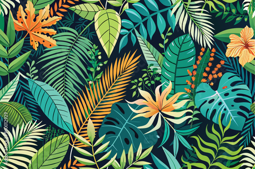 Tropical jungle seamless design with an array of leaves and flowers, highlighting palm foliage in a vibrant, lush pattern.