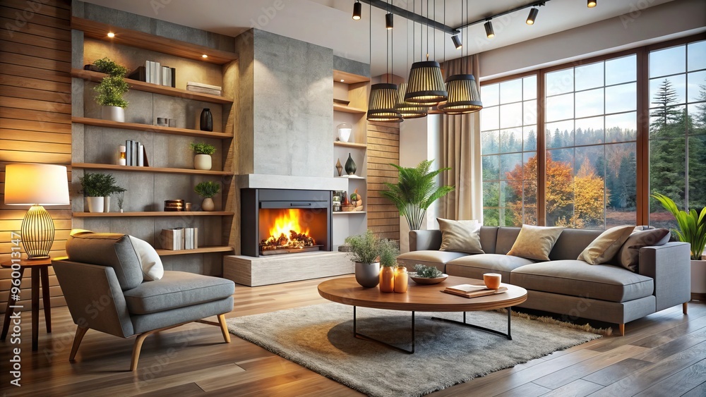 A sleek, low-profile sofa juxtaposes with a natural stone fireplace, where sparks flutter and dance amidst the room's A sleek, low-profile sofa juxtaposes with a natural stone fireplace, where sparks flutter and dance amidst the room's