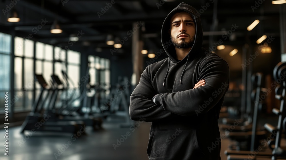 A man standing in a gym with his arms crossed A man standing in a gym with his arms crossed