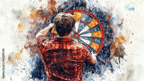 Colorful artistic depiction of a man playing darts, aiming at the dartboard. Dynamic and vibrant color splashes in the background.