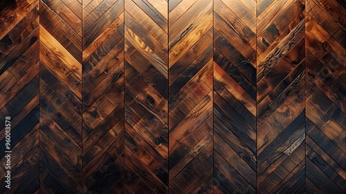 Background of a polished parquet wall with warm wood grain and herringbone pattern photo