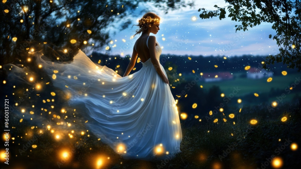 A woman in a white dress standing in a field of fireflies A woman in a white dress standing in a field of fireflies