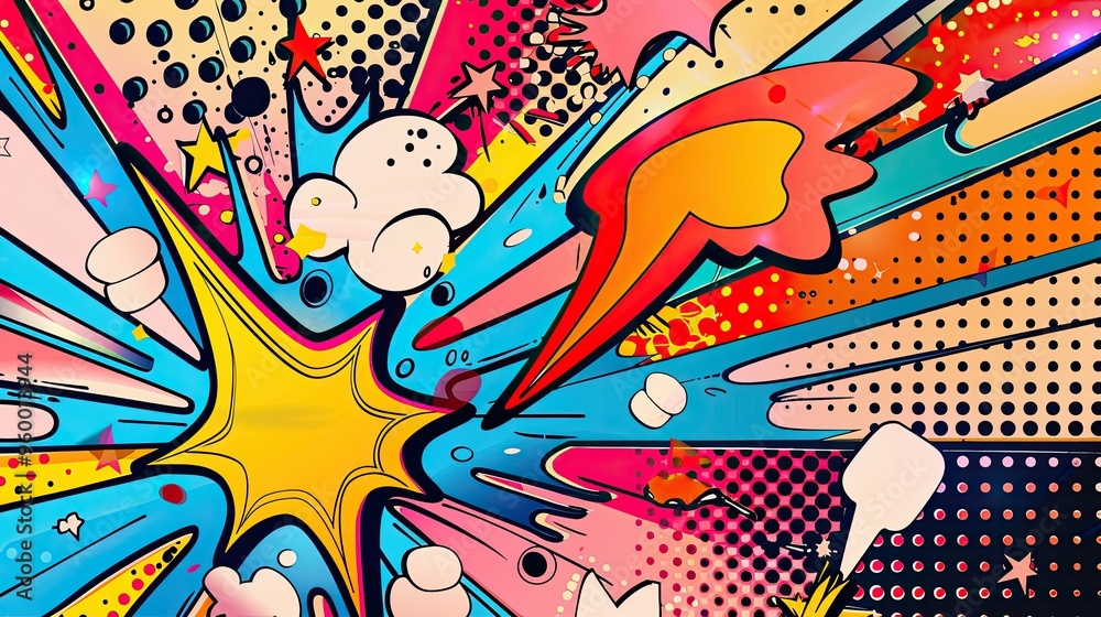 Fototapeta premium Comic book wallpaper with starbursts speech bubbles and colorful halftone dots