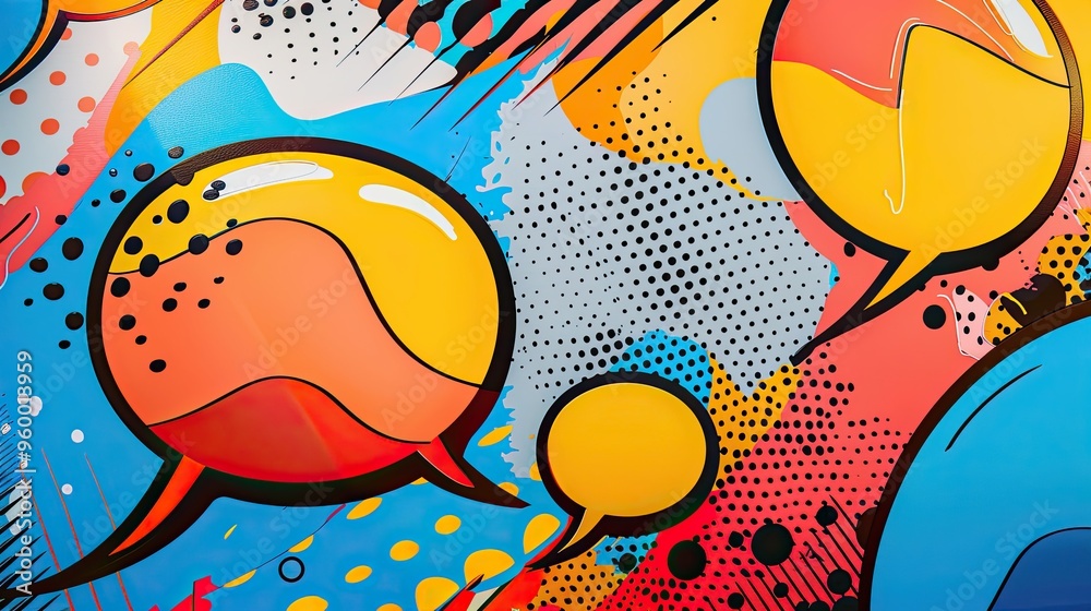 Fototapeta premium Retro wallpaper with vibrant speech bubbles abstract shapes and halftone shading