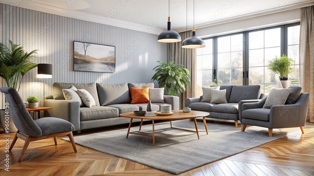A sleek modern gray sofa anchors the area, surrounded by a medley of throw pillows, a stylish accent A sleek modern gray sofa anchors the area, surrounded by a medley of throw pillows, a stylish accent