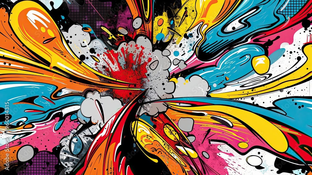 Fototapeta premium Pop art wallpaper with abstract swirling shapes vibrant colors and bold outlines