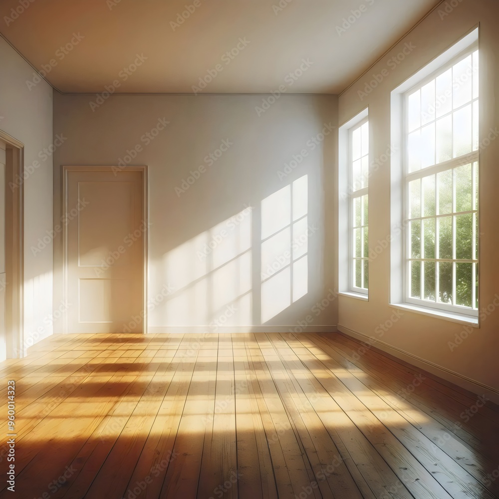 Obraz premium Interior design. Empty room with in light colors without furniture with large windows. 3D rendering. 