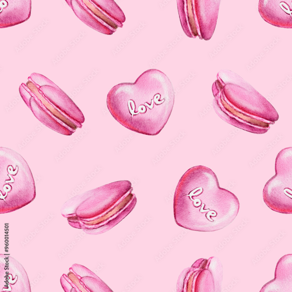 Seamless pattern of pink macaroons in the shape of a heart. On pink background. High quality. Watercolor illustration for a bakery, pastry shop, coffee shop and cafe. Design. Seamless pattern of pink macaroons in the shape of a heart. On pink background. High quality. Watercolor illustration for a bakery, pastry shop, coffee shop and cafe. Design.