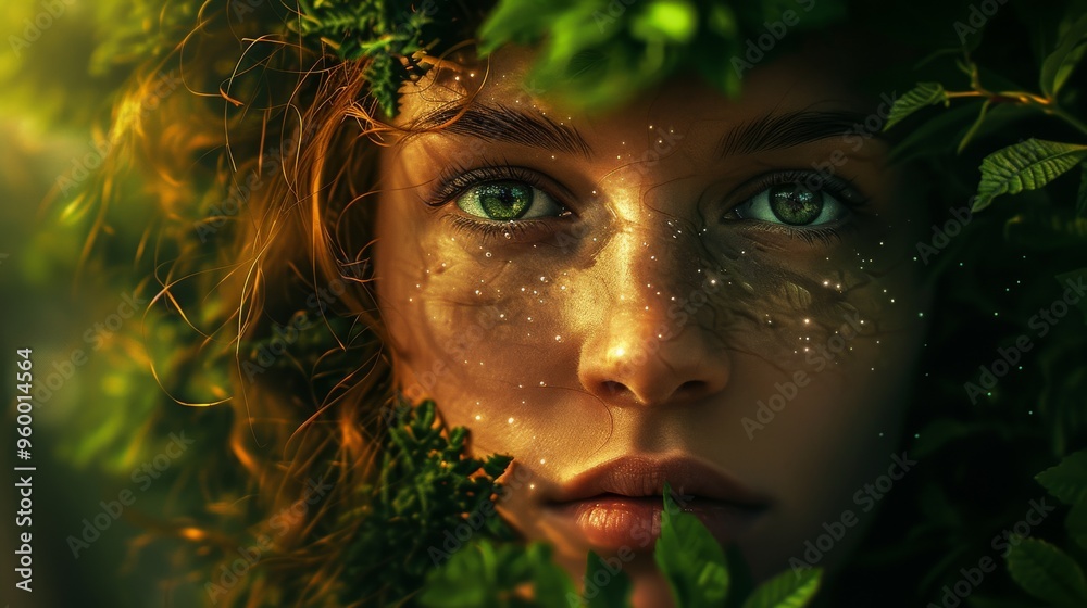 A magical portrait of a woman with striking green eyes surrounded by lush greenery. The artistic composition features delicate sparkles on her face, enhancing the ethereal and whimsical mood. A magical portrait of a woman with striking green eyes surrounded by lush greenery. The artistic composition features delicate sparkles on her face, enhancing the ethereal and whimsical mood.