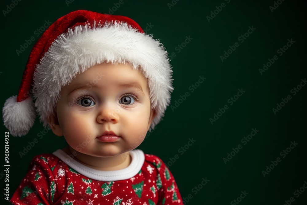 Close up portrait of cute infant boy wearing Santa hat isolated on green background. Close up portrait of cute infant boy wearing Santa hat isolated on green background.