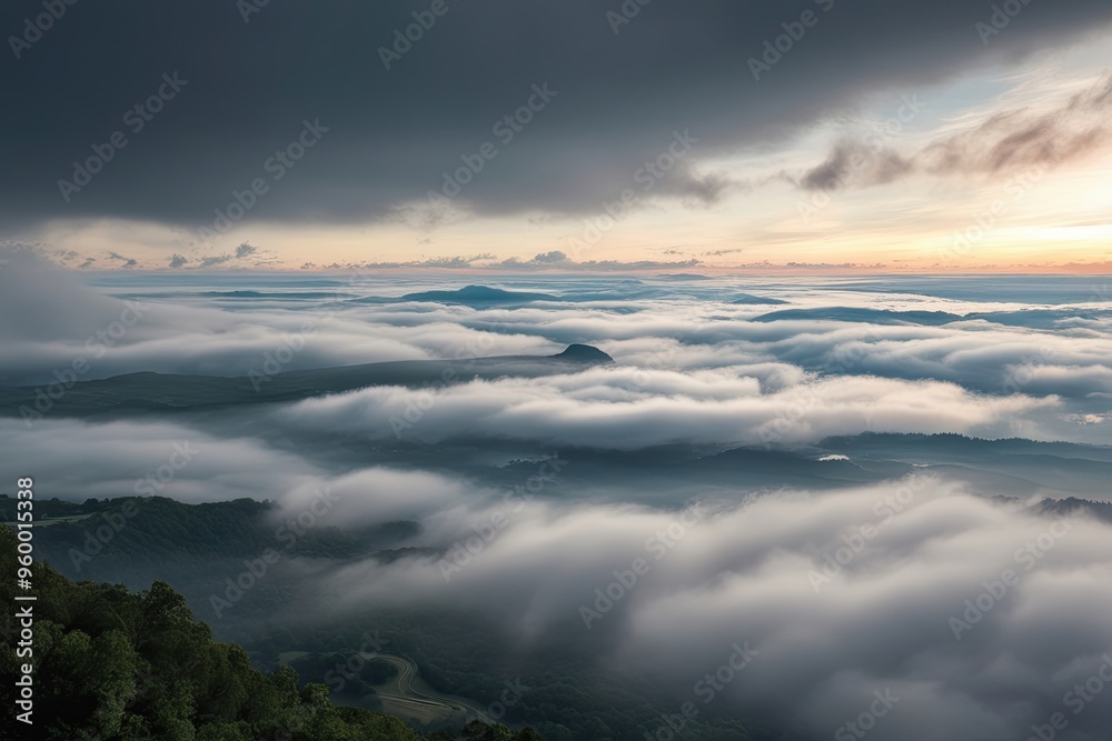 Fototapeta premium Misty Clouds Obscure Vistas on Airy Backdrops: A Photorealistic Cloud Panorama Illustration