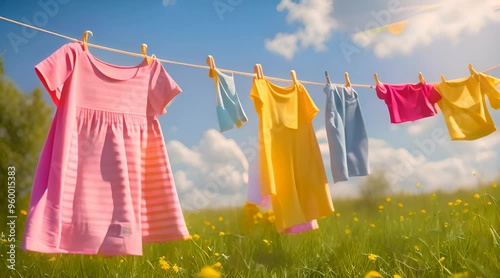 Colorful children's clothes dried on a clothesline, swaying gently in the warm breeze