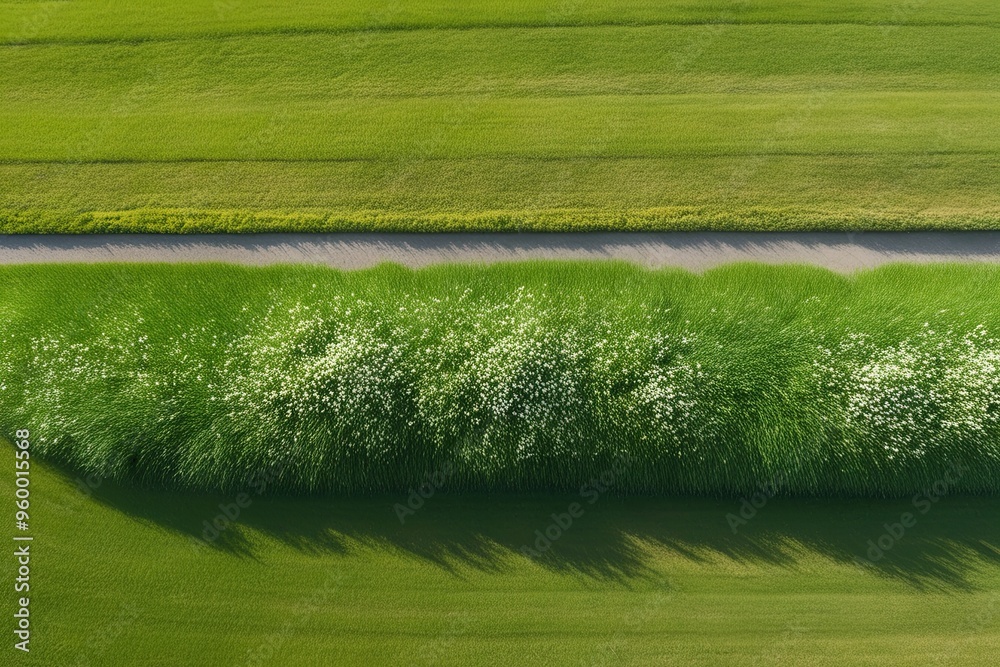 Obraz premium Aerial Perspective of Vibrant Flowering Grass Landscape Row with Lush Scenery