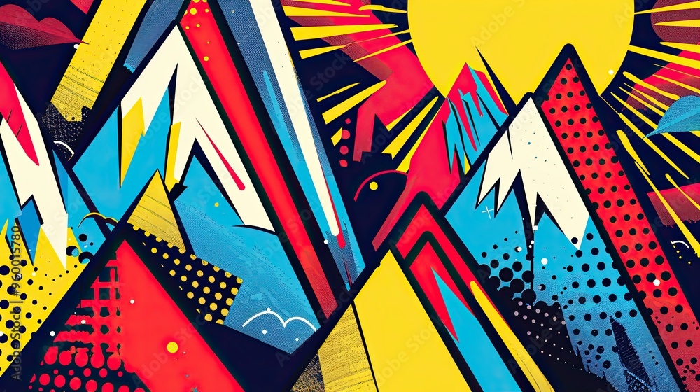 Obraz premium Background featuring abstract mountains bold primary colors and comic-style action lines