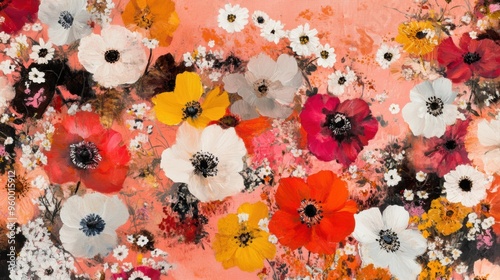 A painting of a bunch of flowers on a pink surface