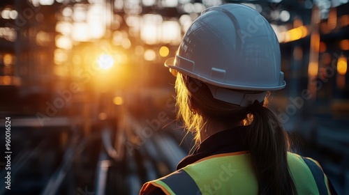 A construction worker, viewed from behind, wearing a white hard hat and safety vest, standing at a site during sunset, reflecting dedication and hard work. photo