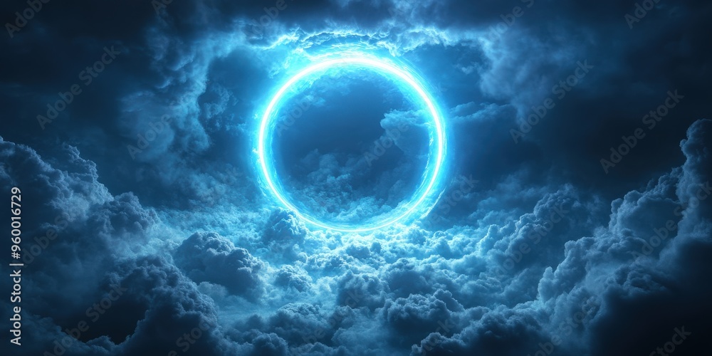 Fototapeta premium Neon Ring in Stormy Clouds Futuristic Night Sky