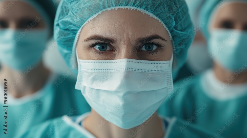 A group of medical professionals clad in green scrubs, surgical caps, and masks, standing in a modern hospital environment, ready to perform a medical procedure. A group of medical professionals clad in green scrubs, surgical caps, and masks, standing in a modern hospital environment, ready to perform a medical procedure.