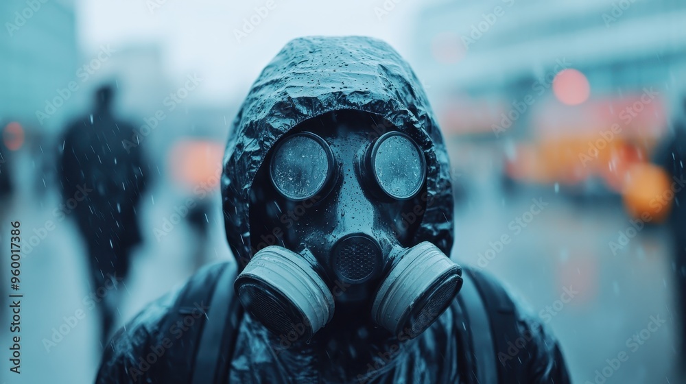 The image shows an individual dressed in a dark, waterproof jacket on a rainy day in an urban environment, creating a sense of solitude and survival. Background includes blurred urban elements.