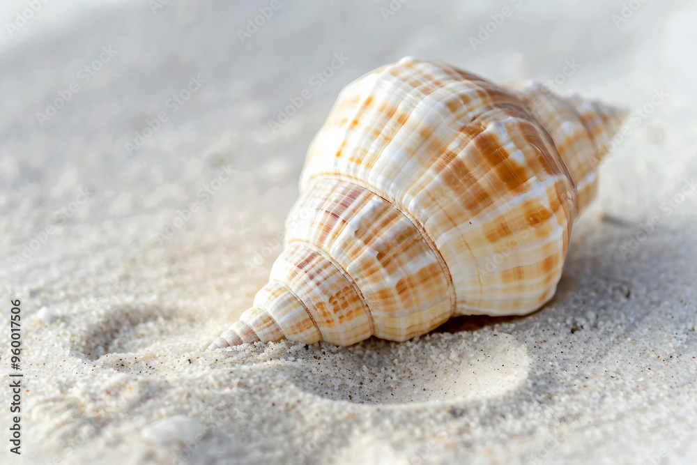 Detailed view of a spiral seashell on a sandy beach in close-up Detailed view of a spiral seashell on a sandy beach in close-up