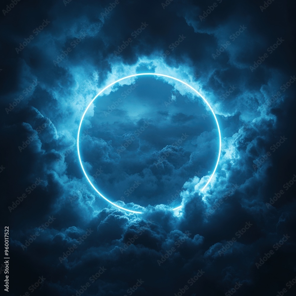 Neon Ring in Stormy Clouds Futuristic Night Sky Neon Ring in Stormy Clouds Futuristic Night Sky