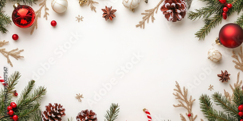 Christmas background with snow covered pine branches, red berries and colorful ornaments making a frame on the white background. Christmas and New Year! Flat lay, top view. Copy space. Mock up