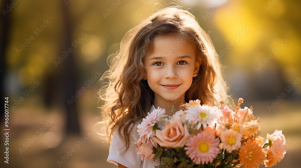 Fototapeta premium Little girl with bouquet of flowers