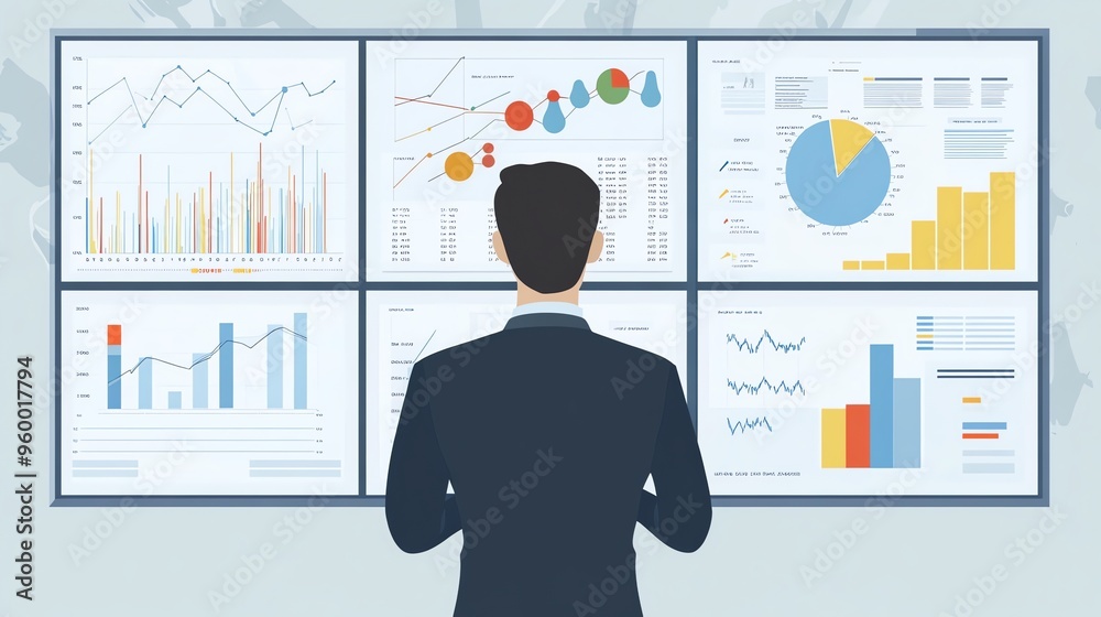 Businessman Analyzing Financial Data on Multiple Screens