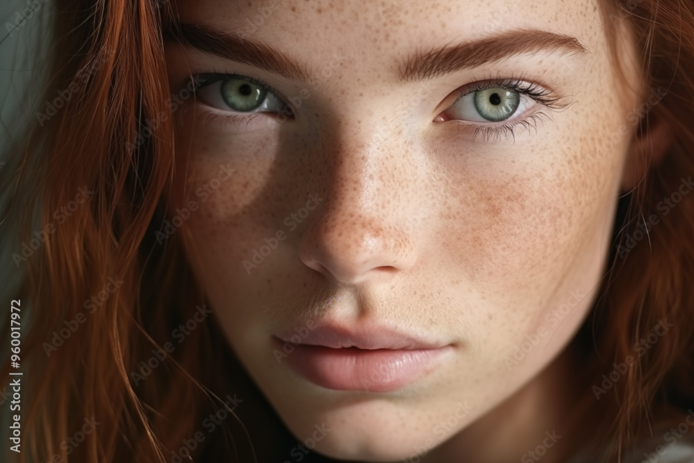 portrait of a young woman with freckles and green eyes portrait of a young woman with freckles and green eyes