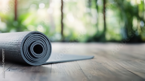 A close-up of a rolled-up yoga mat on a wooden floor, with lush green plants visible in the background, promoting wellness, tranquility, and a natural exercise environment.