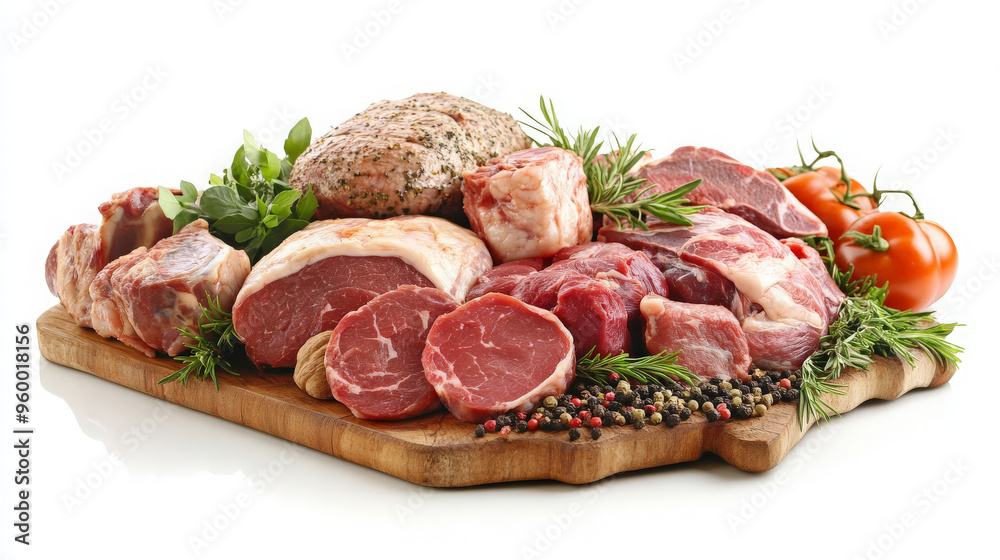 Assortment of raw meat on a wooden cutting board with fresh herbs, peppercorns, and tomatoes. Assortment of raw meat on a wooden cutting board with fresh herbs, peppercorns, and tomatoes.