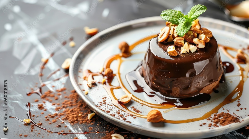 Gourmet Chocolate Dessert with Hazelnuts and Caramel Drizzle on a White Plate Gourmet Chocolate Dessert with Hazelnuts and Caramel Drizzle on a White Plate