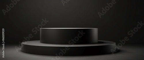 Black podium or pedestal display on dark background with long platform. Blank product shelf standing backdrop. 3D rendering, blurred background