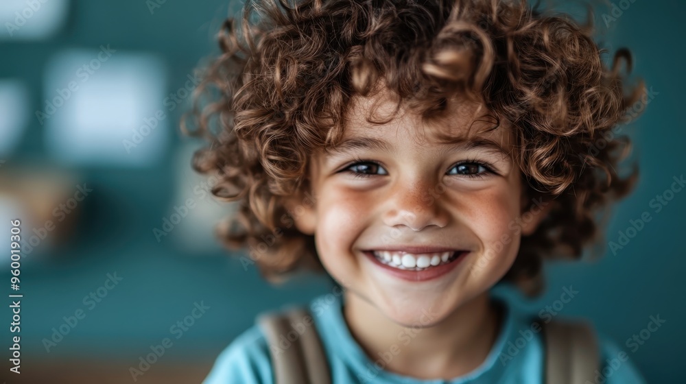 A cheerful child with curly hair, wearing a teal shirt and a backpack, smiles brightly, evoking a sense of joy, innocence, and readiness for school or an adventure.