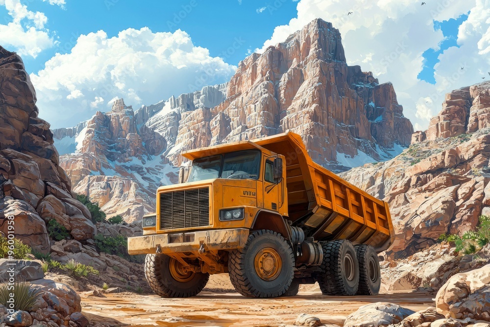 Yellow Dump Truck in Mountainous Terrain Yellow Dump Truck in Mountainous Terrain