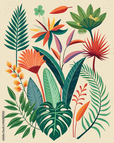 Plants and flowers.Vector image of fern,bright tropical flowers and plants on a beige neutral background for a poster,card,banner.